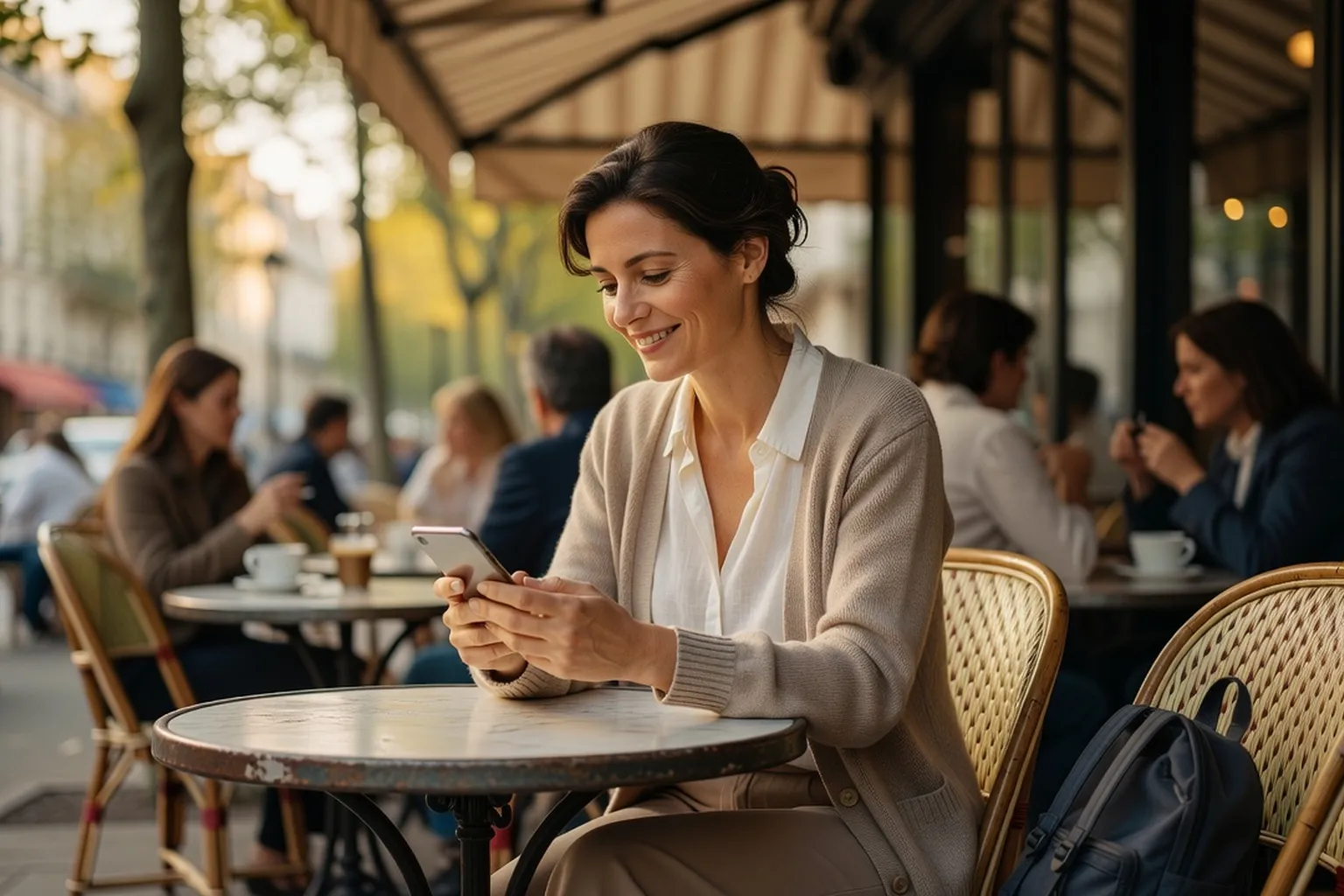 Mère souriante avec ses enfants regardant son téléphone dans un salon lumineux