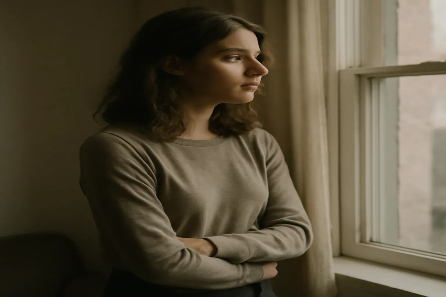 Femme pensive assise près d'une fenêtre, regard tourné vers l'extérieur