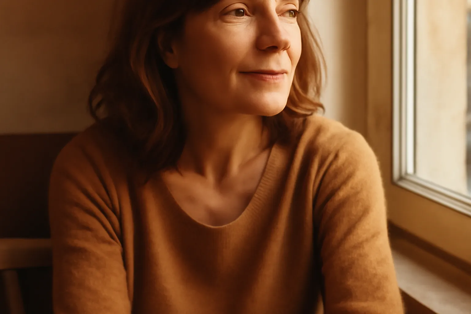 Femme pensive regardant par la fenêtre, tenant une tasse de thé, dans une lumière douce et apaisante