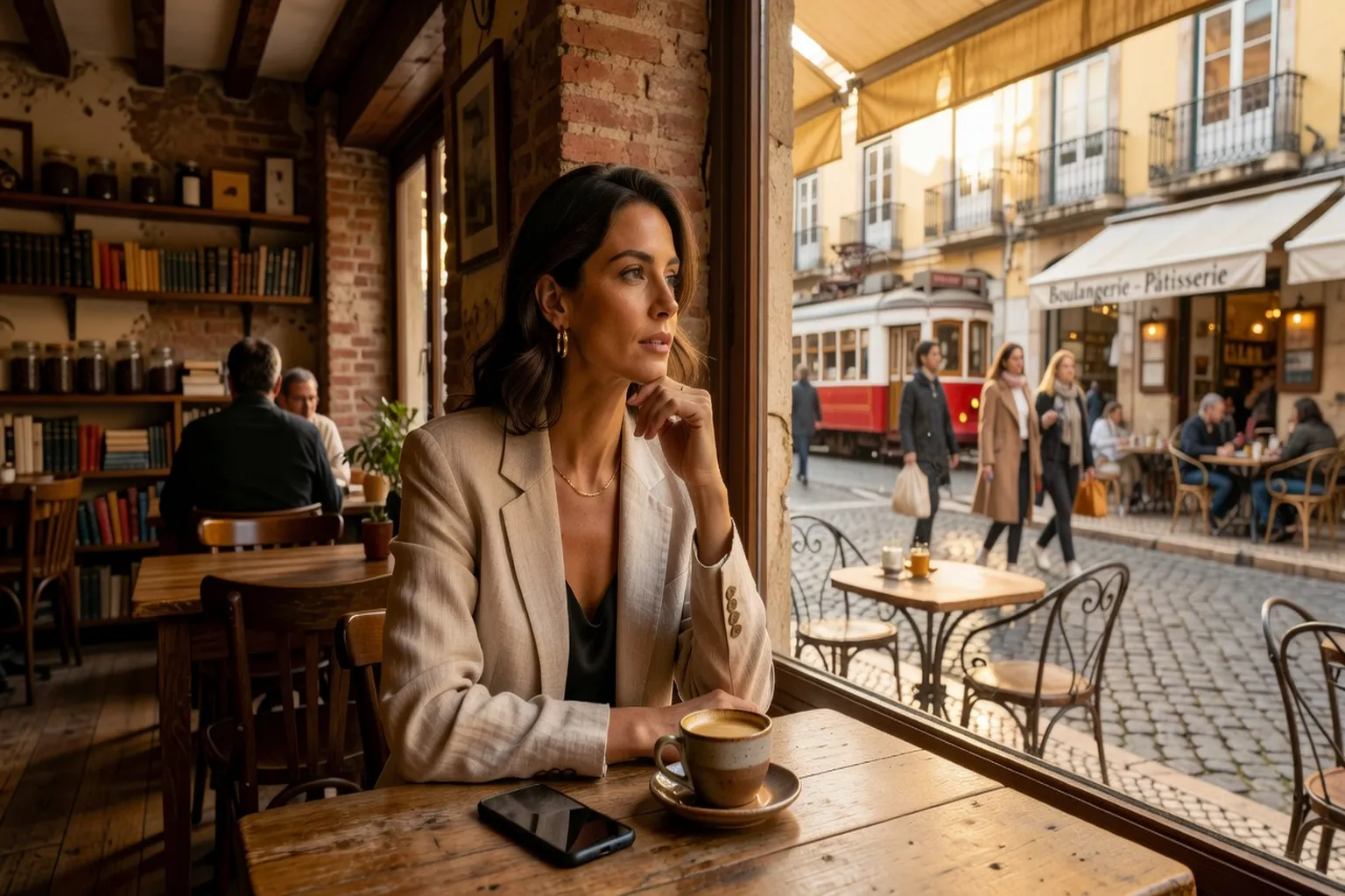 Femme souriante travaillant sur son ordinateur portable dans un café à l'étranger