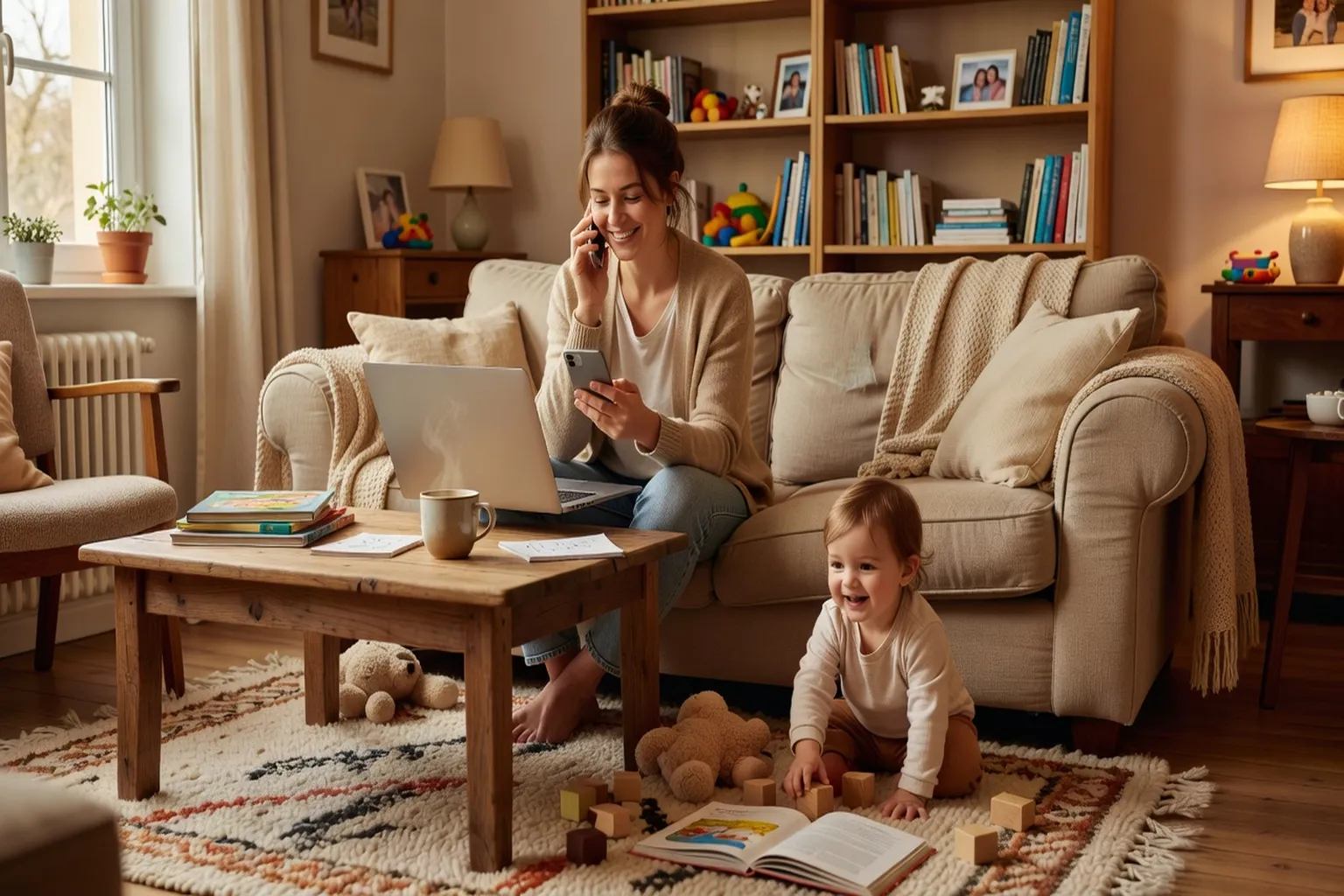 Mère souriante avec son jeune enfant dans les bras dans un intérieur chaleureux