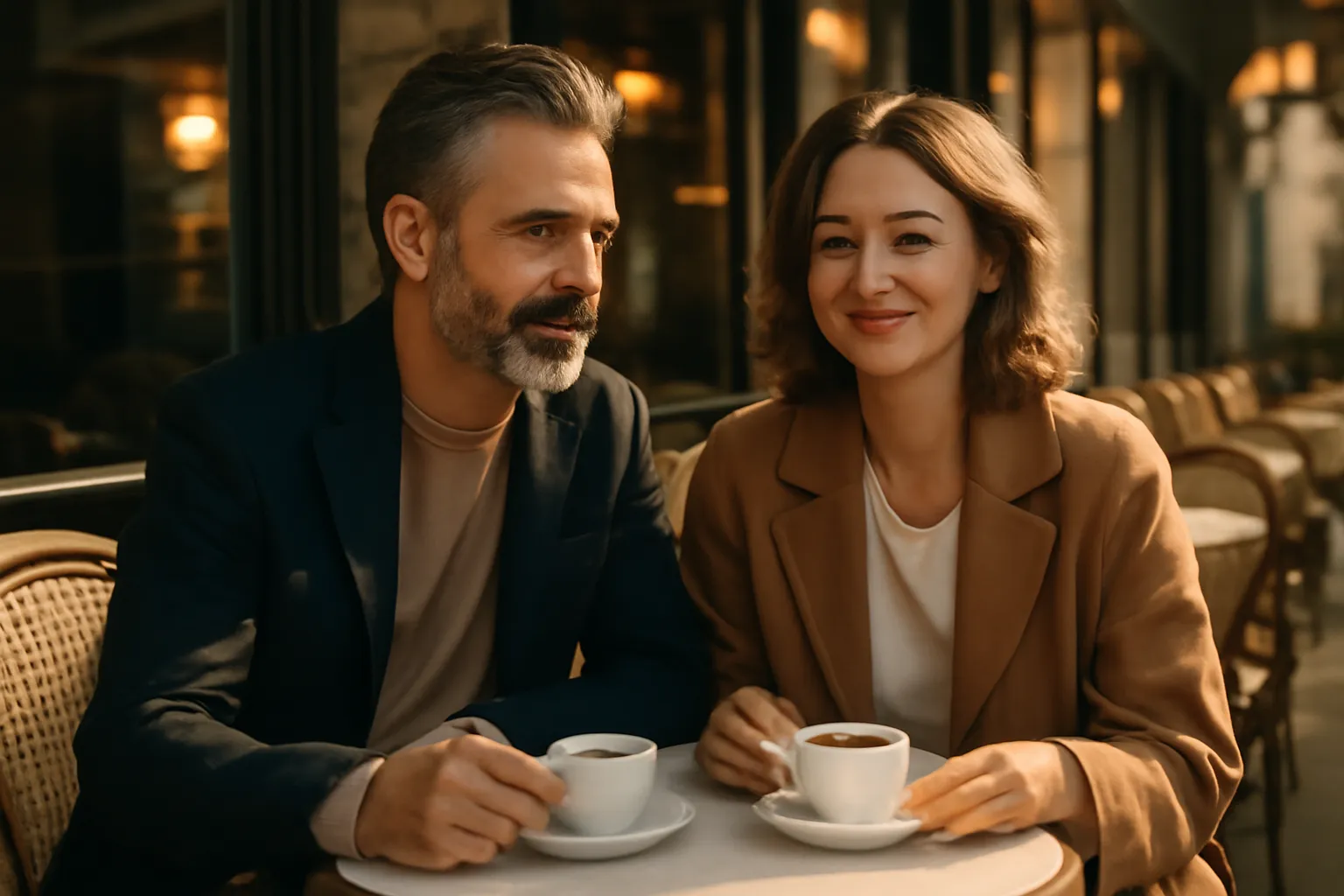 Couple élégant quarantenaire partageant un café en terrasse parisienne, l'homme en blazer soigné
