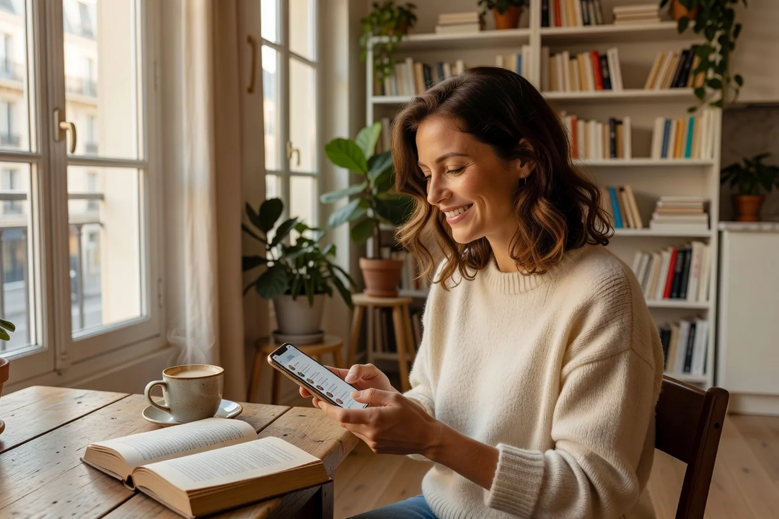 Femme souriante échangeant des messages fluides avec un homme sur une application de rencontre en 2026