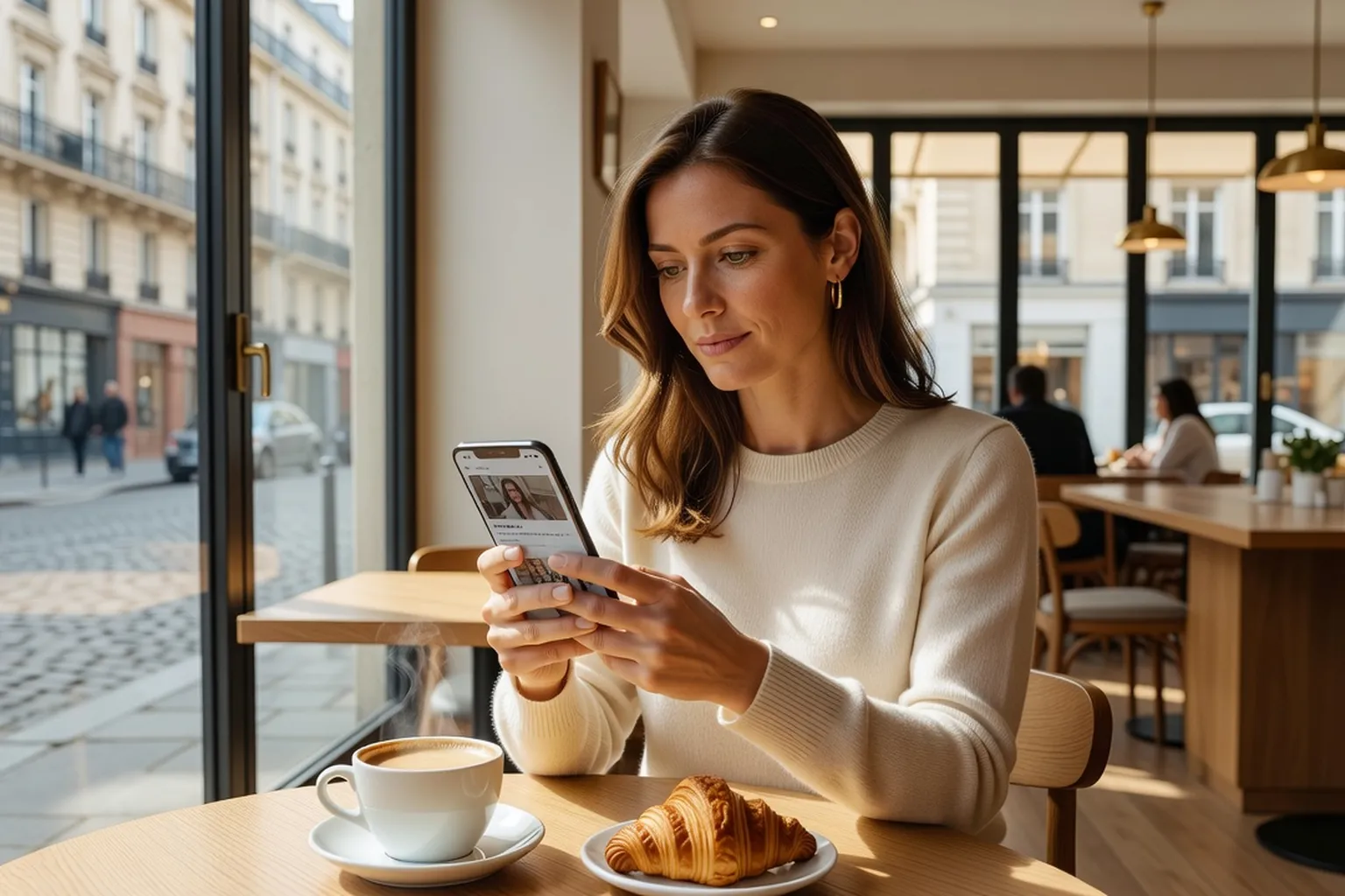 Femme vérifiant un profil de rencontre en ligne sur son téléphone dans un café lumineux
