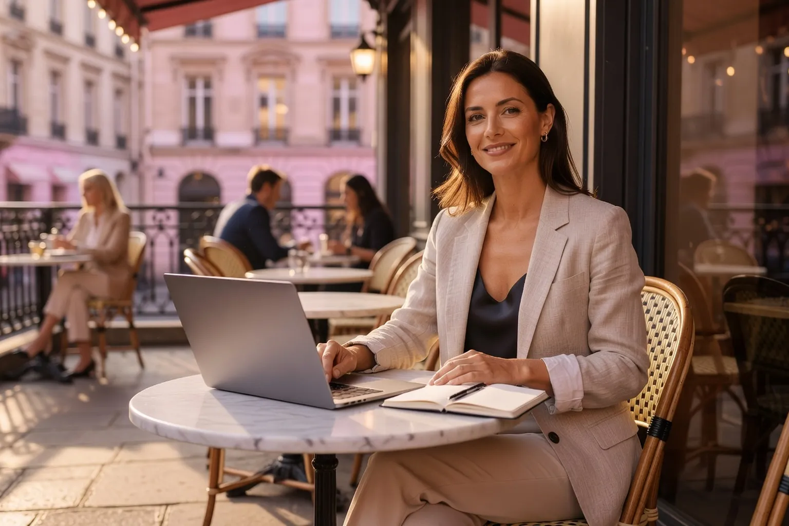 Femme confiante au cafe envisageant ses strategies de rencontre