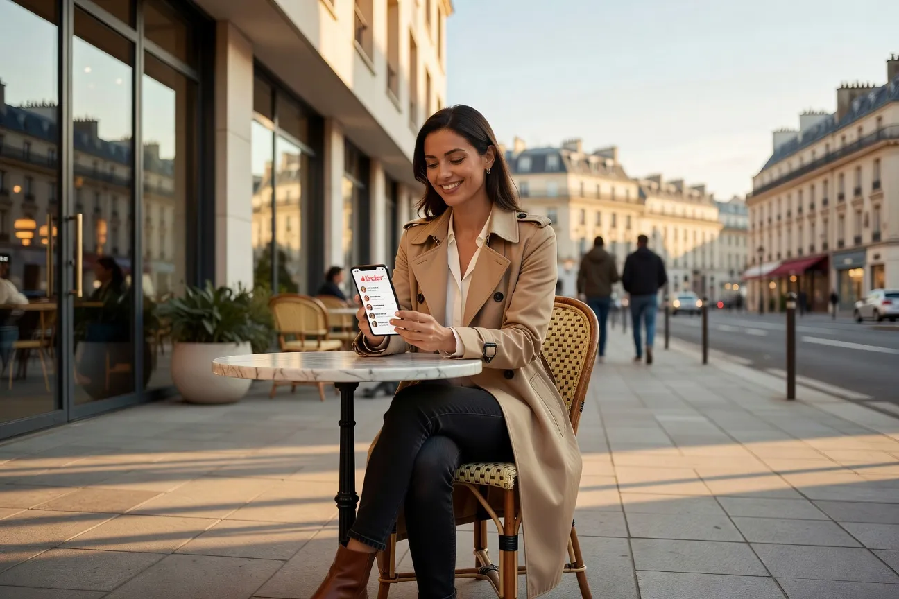 Femme française utilisant Tinder sur son téléphone, guide 2026
