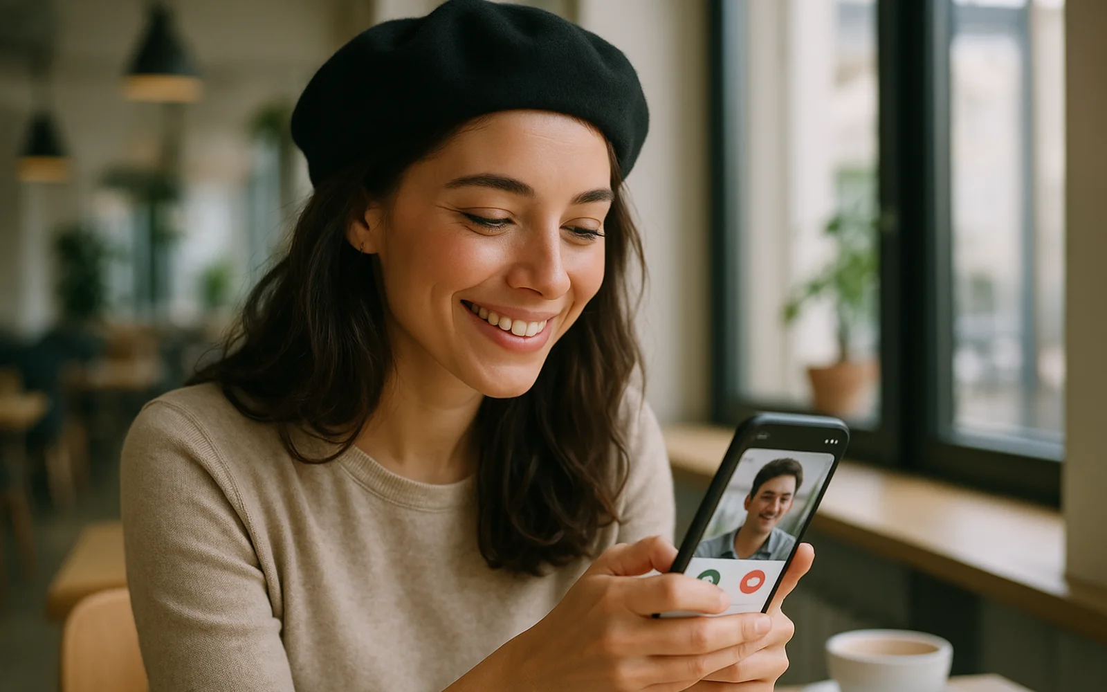 Femme ecrivant un premier message depuis son telephone