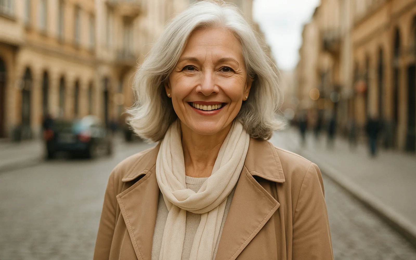 Femme souriante dans un cafe, ambiance detendue